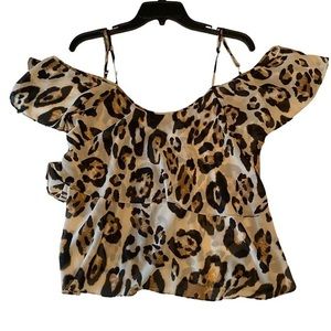 Show me your MuMu leopard print flowy ruffle off shoulder blouse top. Size small